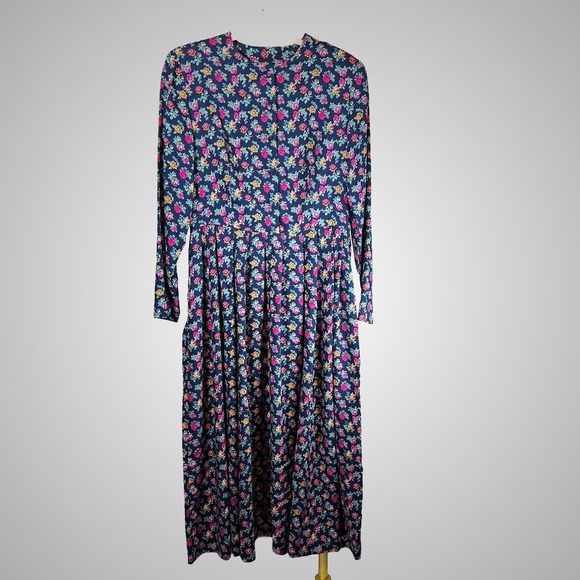 Laura Ashley Dresses & Skirts - Laura Ashley Vintage Navy Floral Long Sleeve Midi Dress Sz 12